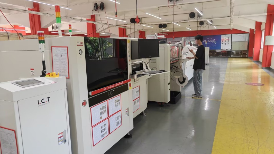 Engineer inspecting equipment functionality at I.C.T headquarters before shipment. Инженер проверява функционалността на оборудването в централата на I.C.T преди изпращане.